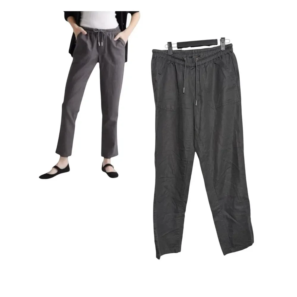 Quince Cotton Linen Twill Straight Leg Pants Crop Pull On Drawstring Grey Medium